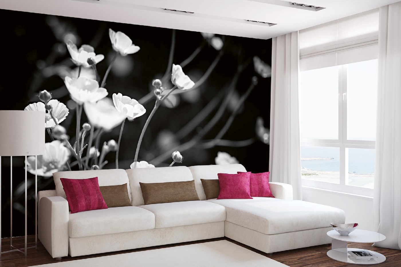 Samolepicí vliesová fototapeta Černé a bílé květy 375 x 250 cm
